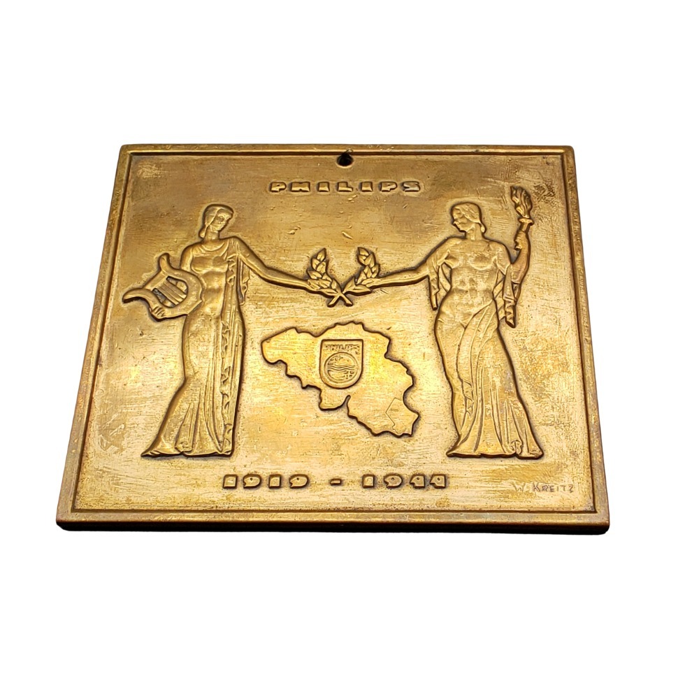 Rare Bronze 1919-1944 Philips Dutch Art Deco Wall Plaque Square by W. Kreitz